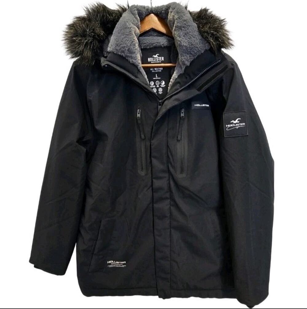 Hollister All-Weather Collection Men's Jacket Size L Black Faux Fur Hood Winter